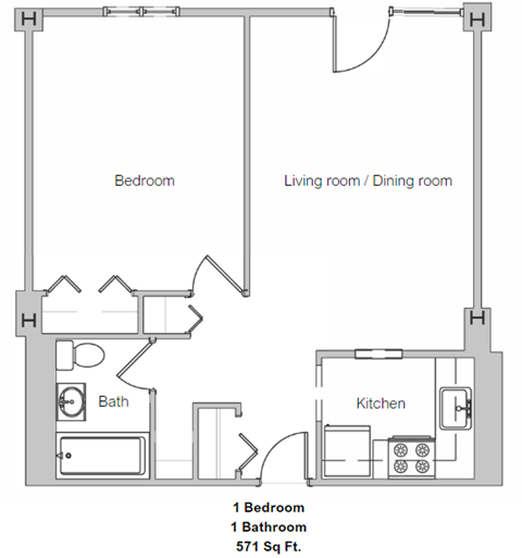 Floor plan for 1 bed, 1 bath, 571 sqft